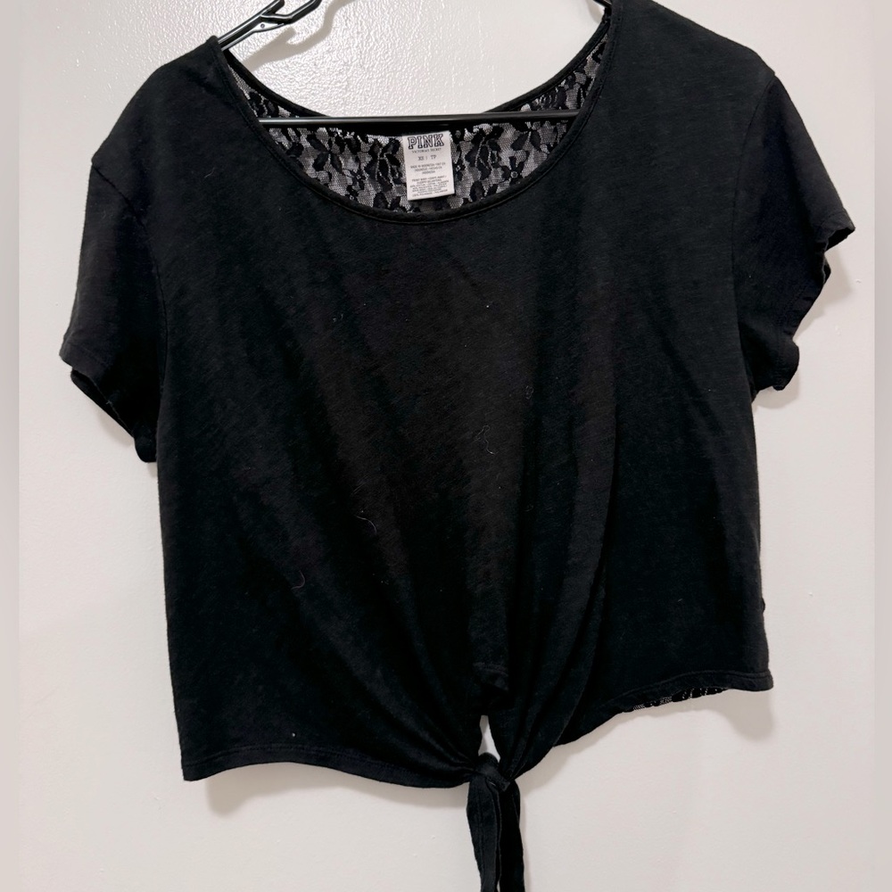 Women's - PINK by VS Black Loose Fitted Crop Tee w Lace Back and Tie Front - XS